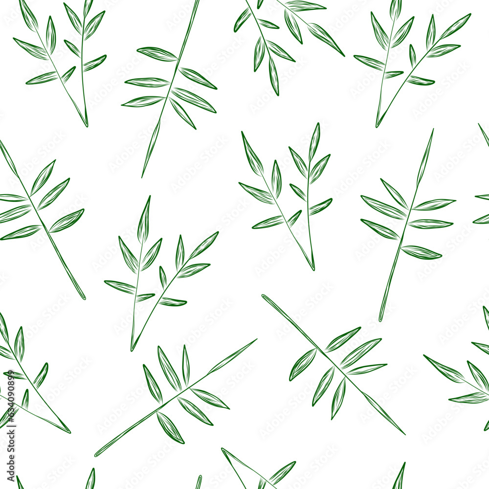Seamless pattern with green bamboo leaves in hand drawn sketch style