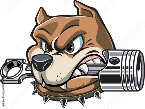 Cartoon style pitbull dog with engine piston between the tenths