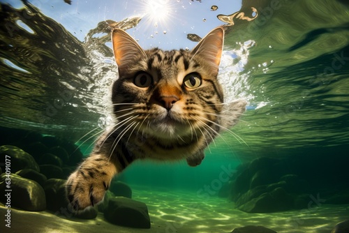 a huge tabby cat swimming in the bright blue water, diving under water close-up photography