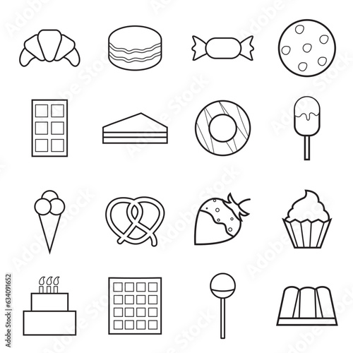 Black white icons of sweets, strawberries in chocolate, oatmeal cookies, chocolate, waffle, ice cream, donut, cupcake, cake