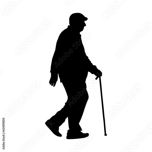 Vector illustration. Silhouette of a pensioner with a cane in his hand.