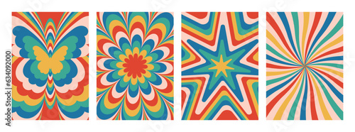 Groovy hippie 70s backgrounds. Waves, swirl, twirl pattern with stars, daisy flower, butterfly, sunburst. Twisted and distorted vector texture in trendy retro psychedelic style. Y2k aesthetic.