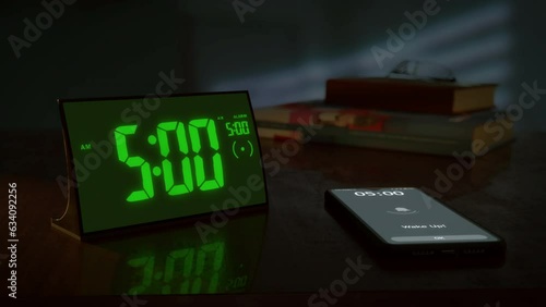 Digital alarm clock with green clockface and the smartphone waking up at 5 AM. The numbers on the clock screen changes from 4:59 no 5:00 AM. And the alarm goes off on the phone. Close up view. photo