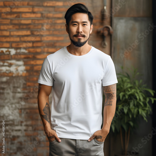 Plain White TShirt Mockup Asian Male Models Stylish Presentation