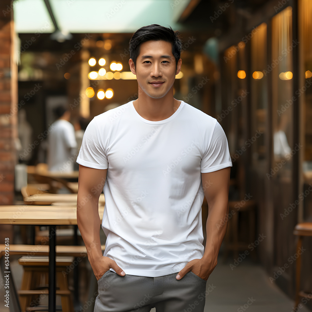 Fototapeta premium Short Sleeve White Tee Mockup Asian Model Confident Look