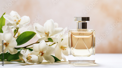 Elegant bottle of perfume with beautiful jasmine flowers on light table