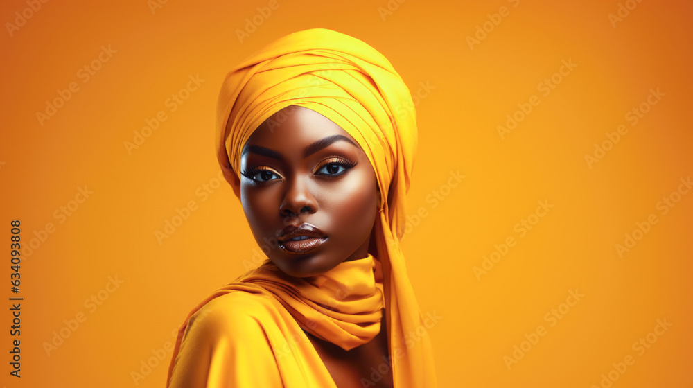 African woman in traditional clothes. Girl in studio on the yellow background. Female model face African woman in traditional clothes. Girl in studio on the yellow background. Female model face