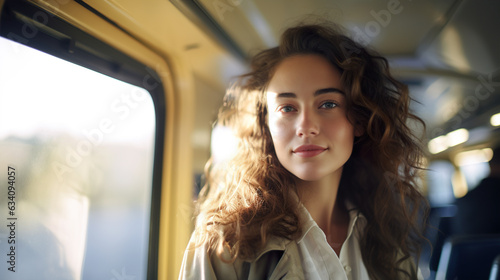 Portrait of a beautiful young woman with curly hair in a train.