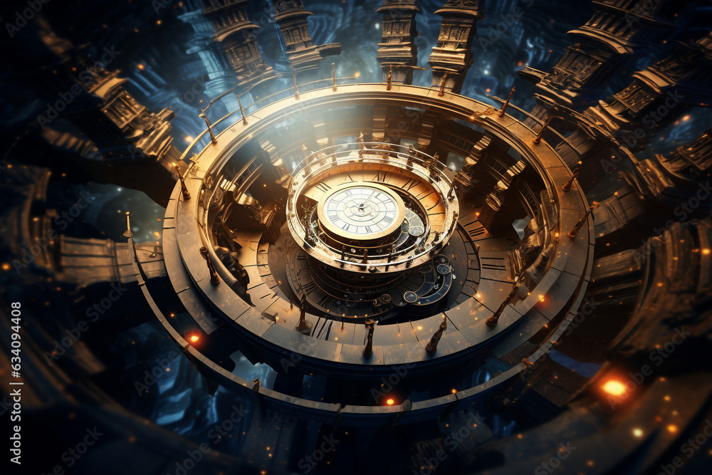 Time swirl, clock surrounded by stairs, time travel concept. High quality photo Time swirl, clock surrounded by stairs, time travel concept. High quality photo