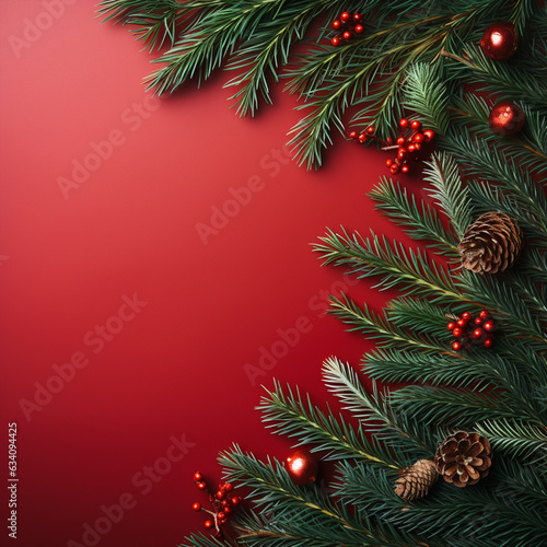 Christmas composition. Christmas red decorations  fir tree branches on red background. Flat lay  top view  copy space  made by ai