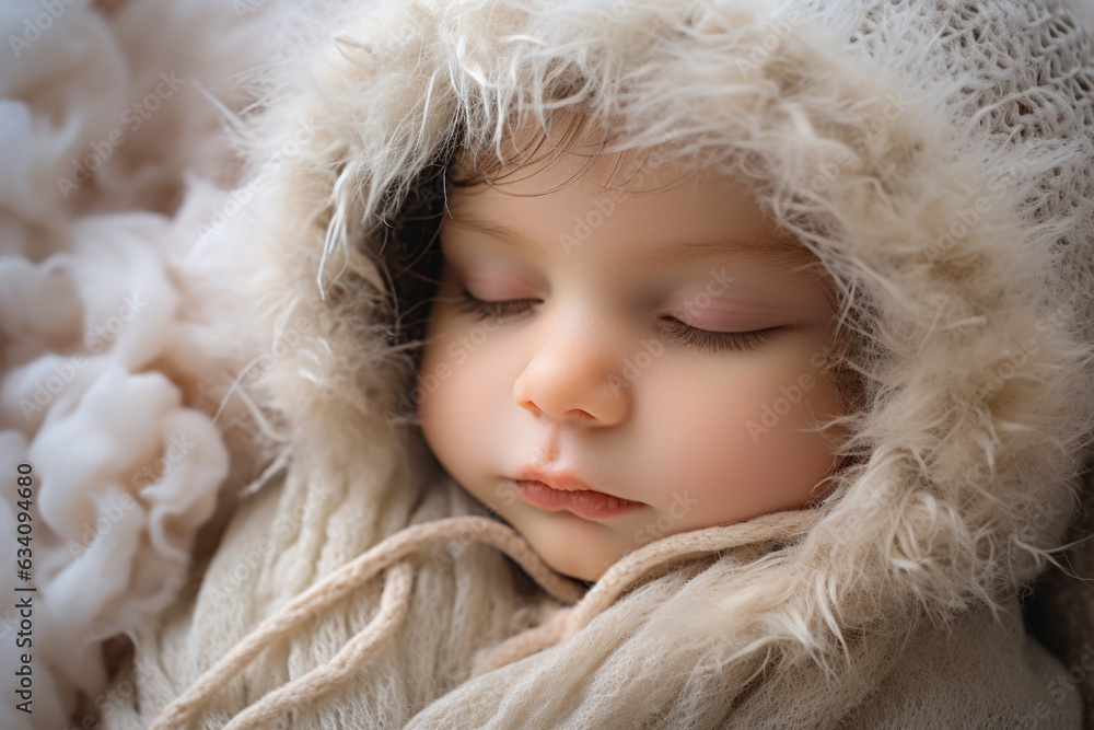 Cute baby, closed eyes wearing a white furry hat, sleeping Cute baby, closed eyes wearing a white furry hat, sleeping