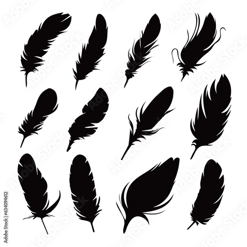 Black silhouettes of a bird feather. Feather collection. Vector isolated on white