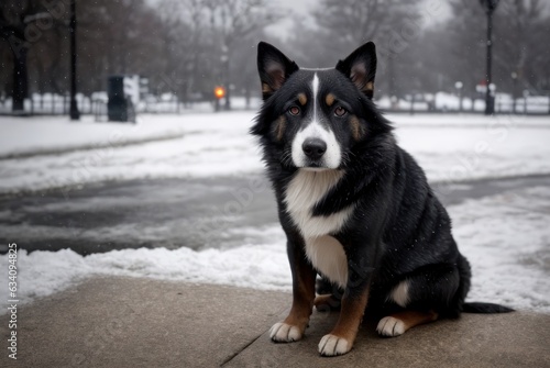 Concept of pet looks like person. Homeless Pets in winter. Dog sitting in snow in park or city street. Night  evening  snow  cold weather  streetlights on background . Generative AI