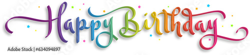 HAPPY BIRTHDAY rainbow-colored 3D brush calligraphy banner with stars on transparent background