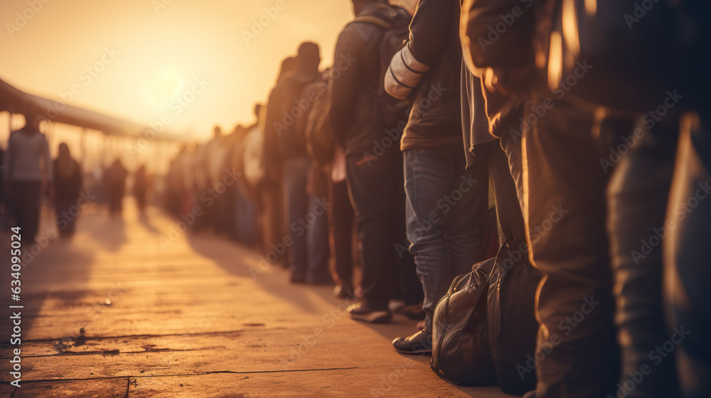 A queue of refugees at the border. - obrazy, fototapety, plakaty 