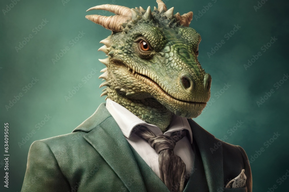 Anthropomorphic dragon dressed in a suit like a businessman. Business Concept. AI generated, human enhanced. Anthropomorphic dragon dressed in a suit like a businessman. Business Concept. AI generated, human enhanced.