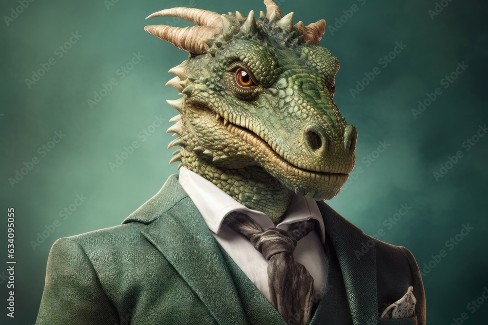 Anthropomorphic dragon dressed in a suit like a businessman. Business Concept. AI generated, human enhanced.