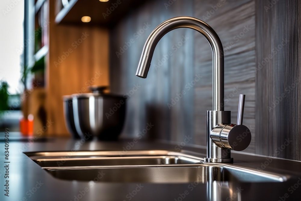 Close-up of a kitchen faucet. Modern kitchen interior design concept. AI generated, human enhanced Close-up of a kitchen faucet. Modern kitchen interior design concept. AI generated, human enhanced