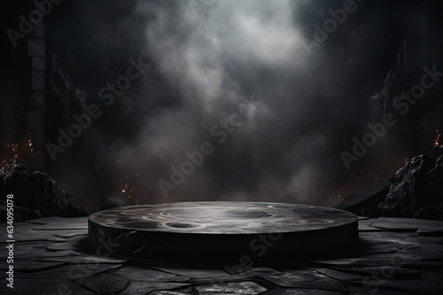 Minimalist black marble podium in a smoke-filled room, high-quality image