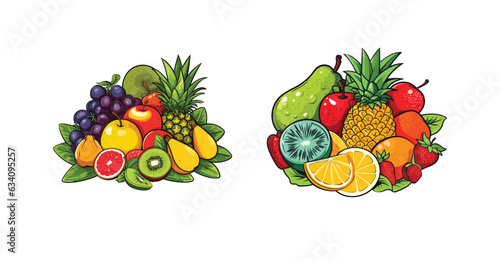 An appetizing illustration of fresh fruits, skillfully arranged on a white background, showcasing a vibrant display of colorful and nutritious delights