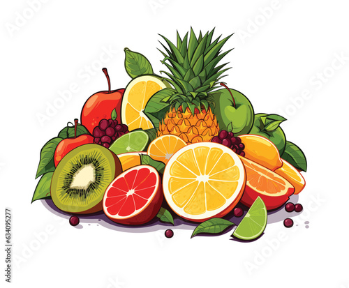 An appetizing illustration of fresh fruits, skillfully arranged on a white background, showcasing a vibrant display of colorful and nutritious delights