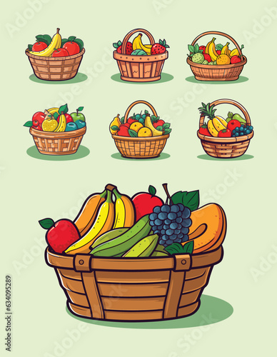 Set of fruit basket vector illustration.