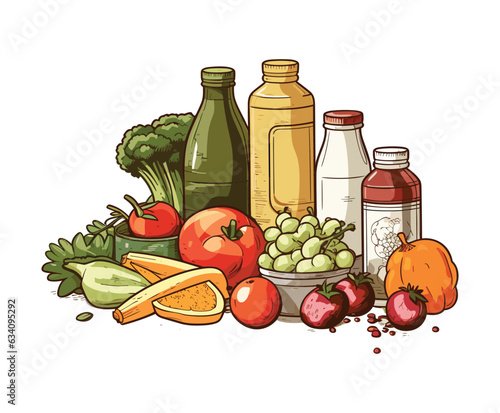 Vibrant vector illustration showcasing a beautifully arranged assortment of grocery items on a clean white background