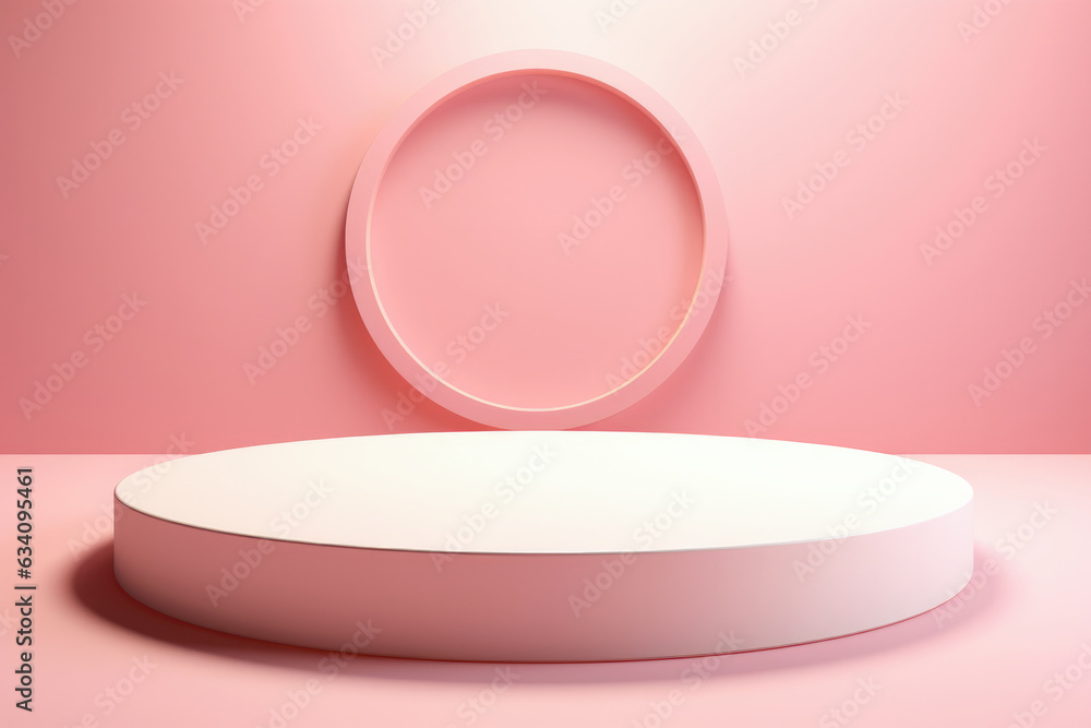 The elegant round podium with a minimalist design, in pure white color, takes center stage in the product presentation scene. The bright pink background adds an appealing touch. The elegant round podium with a minimalist design, in pure white color, takes center stage in the product presentation scene. The bright pink background adds an appealing touch.