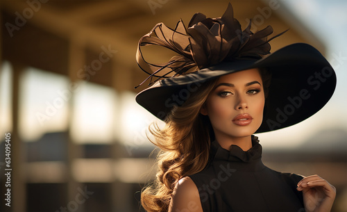 Elegant high society photography, Beautiful woman in high society wearing a fancy hat at a horse race