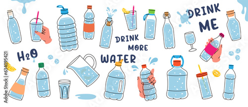 Water bottles set. Plastic water bottles. Drink more water. Glasses, bottles, jug, jar, flask with clean water. Isolated on white background