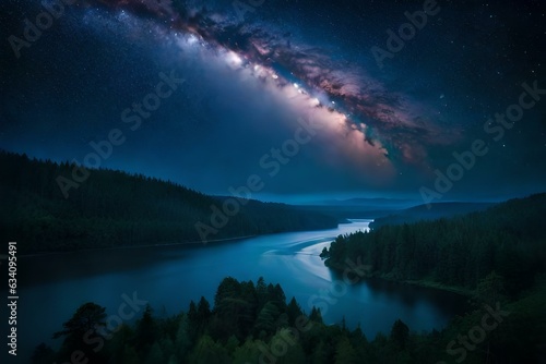 River is spinning across grassy fields in a dark night - AI Generative
