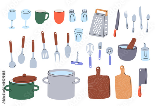 Kitchen utensils. Ceramic plates, mug, cup, wineglass, frying pan, sieve, colander, kitchen mitten, cooking glove, steel grater, mortar, rolling pin.