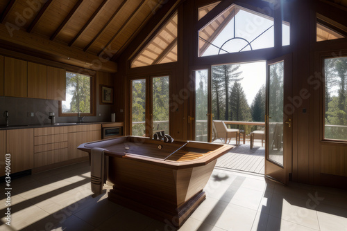 interior of a house.A log house with a view of the forest