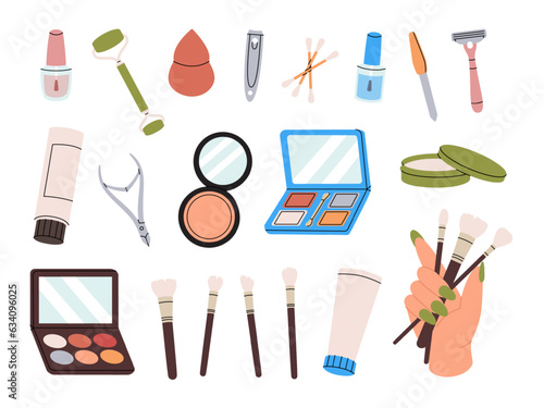 Set of cosmetics. Makeup and beauty tools. Eye shadow, powder, brushes, lip gloss, powder, cream, lipstick, foundation, mascara, face serum.