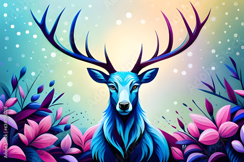Vector illustration of a deer in the forest. Colorful background, abstract reindeer, generative ai