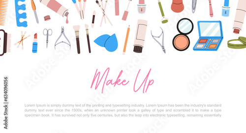 Beauty salon banner. Makeup tools horizontal background. Eye shadow, powder, brushes, lipstick, lip gloss, lip pencil, mascara, blush, mirror, cream.