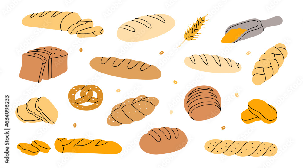Set of fresh breads. Breads and pastry banner. Whole grain and wheat bread, pretzel, ciabatta, croissant, french baguette for bakery menu design. Set of fresh breads. Breads and pastry banner. Whole grain and wheat bread, pretzel, ciabatta, croissant, french baguette for bakery menu design.