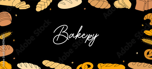 Bakery horizontal banner. Breads and pastry line background. Bakery menu illustration. Wheat bread, pretzel, ciabatta, croissant, french baguette.