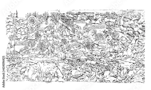  Relief from Ashurbanipal palace showing the Assyrian siege of an Elamite fort and capture of Babylon 645–635 BC. Sketch