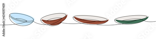 Set of porcelain ceramic plates one line colored continuous drawing. Kitchen utensils continuous one line illustration. Vector linear illustration.