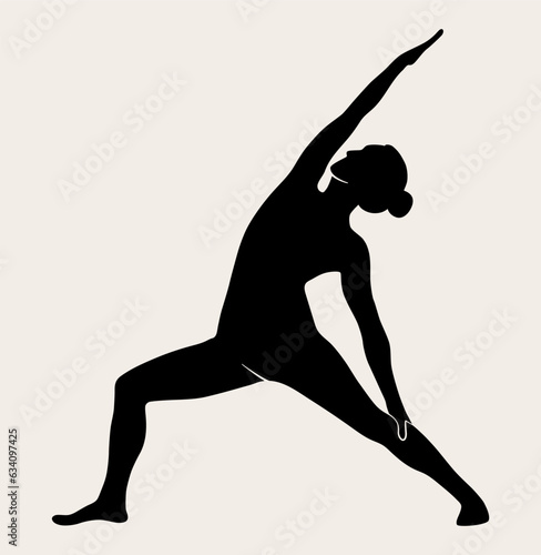 Woman doing Yoga, Pilates. Slim girl doing yoga. Hand drawn black silhouette Vector illustration. Warrior pose. Health care and lifestyle concept. Female yoga.