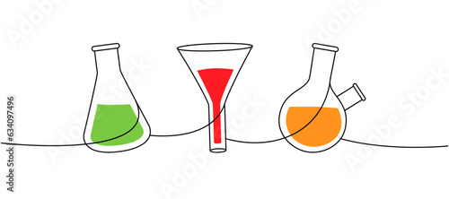 Laboratory glass equipment one line colored continuous drawing. Filter funnel, glass flask, round bottom flask continuous one line illustration.