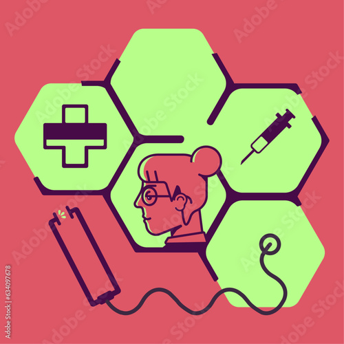Ilustração de uma médica com elementos da medicina ao redor, em estilo flat.