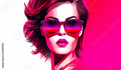 Pink portrait illustration of a woman with sunglasses. AI generated