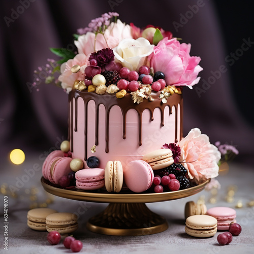 Tall pink cake decorated with macaroons  raspberries and chocolate balls on golden cake stand over white background with flowers and berries. Side view  copy space  made by ai