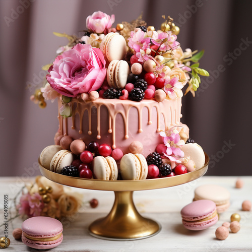 Tall pink cake decorated with macaroons, raspberries and chocolate balls on golden cake stand over white background with flowers and berries. Side view, copy space, made by ai