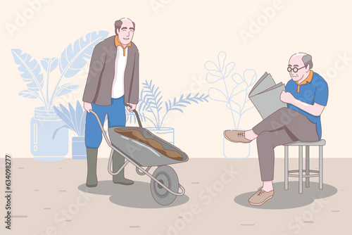 Senior people planting a tree, flat design style illustration with cartoon characters.