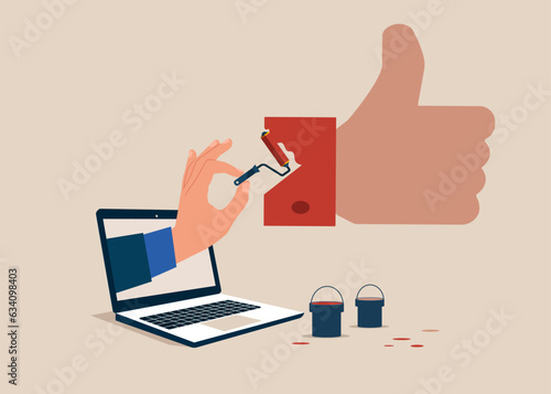 Positive feedback to product quality. Computer paint a thumb up. Vector illustration