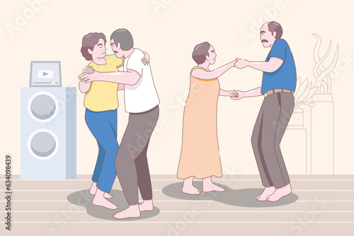 happy elderly couple dancing together, Concept of long and happy love and marriage. Vector illustration