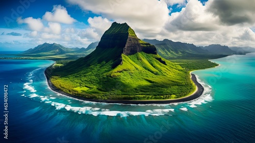 Aerial View of Chinamans Hat Island in Hawaii: Stunning Island Scenery with Mountain, Greenery and Oceanic Surroundings. Generative AI photo